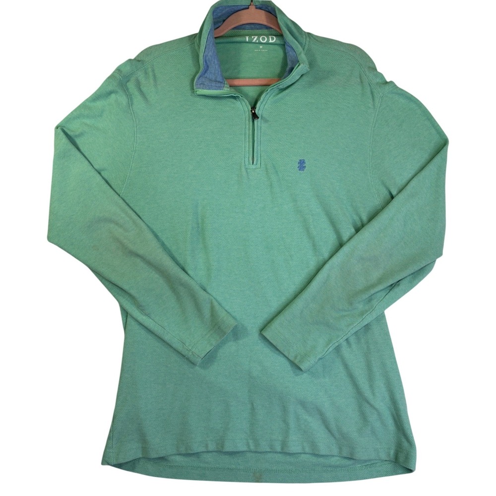 IZOD Mens Quarter Zip Pullover Mint Green Waffle Knit Mock Neck Sweater Size M